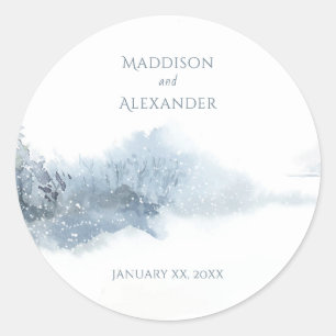 Fallende schneeblaue und weiße Hochzeit Runder Aufkleber