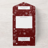 Fallende Schneeflocken auf Deep Red mit QR-Code All In One Einladung (Außenbereich)