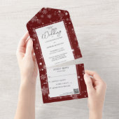 Fallende Schneeflocken auf Deep Red mit QR-Code All In One Einladung (Abreißen)