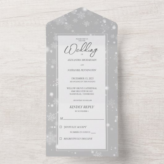 Fallende Schneeflocken auf Grau All In One Einladung (Innen Boden)