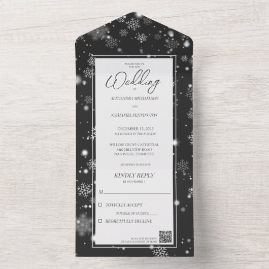 Fallende Schneeflocken auf Schwarz mit QR-Code All In One Einladung (Innen Boden)