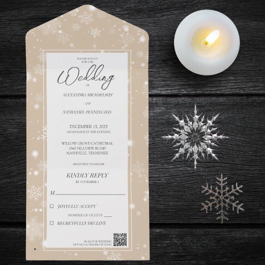 Fallende Schneeflocken im Pilz mit QR-Code All In One Einladung