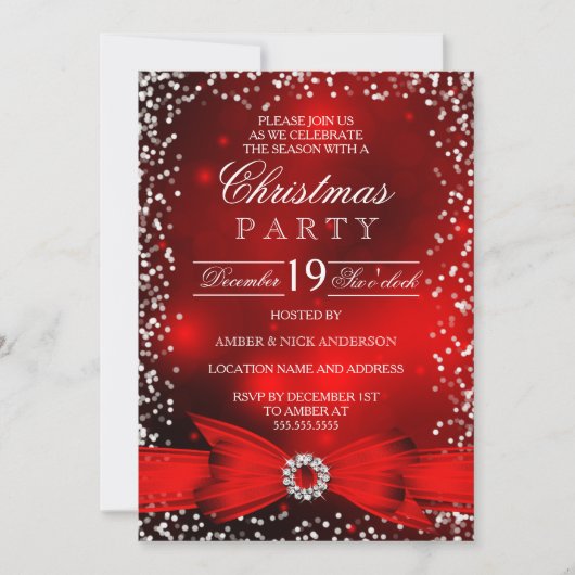 Fallende Schneefräse Red White Bow Weihnachts-Part Einladung (Vorderseite)