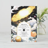 Fallende Sterne im Custom Space zum Geburtstag Einladung (Stehend Vorderseite)