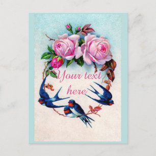 Fallende viktorianische blaue Vögel und Rosen Postkarte