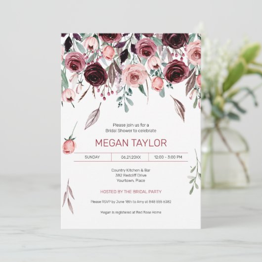 Fallende Wasserfarbe Burgund Rose Brautparty Einladung (Stehend Vorderseite)