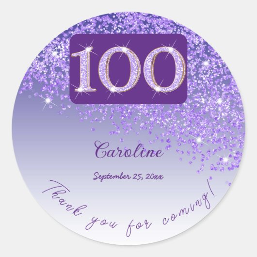 Fallender Lila Glitzer, 100. Geburtstag Dank Runder Aufkleber (Vorderseite)