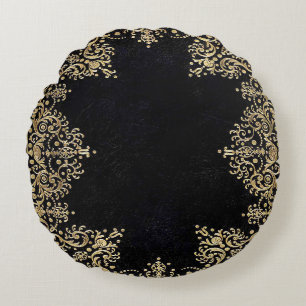 Fallendes Schwarz-Gold-Filigran Rundes Kissen