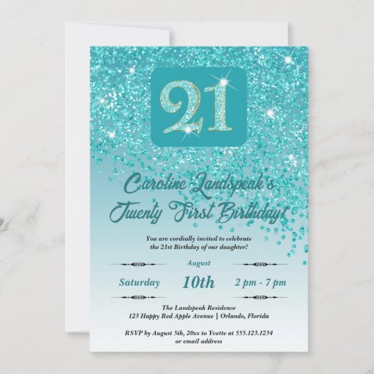 Falling Aquamarin Blue Glitzer 21. Geburtstag Part Einladung (Vorderseite)