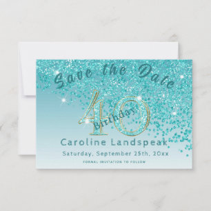 Falling Aquamarin Blue Glitzer für 40. Geburtstag Save The Date