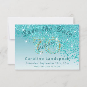 Falling Aquamarin Blue Glitzer für 70. Geburtstag Save The Date