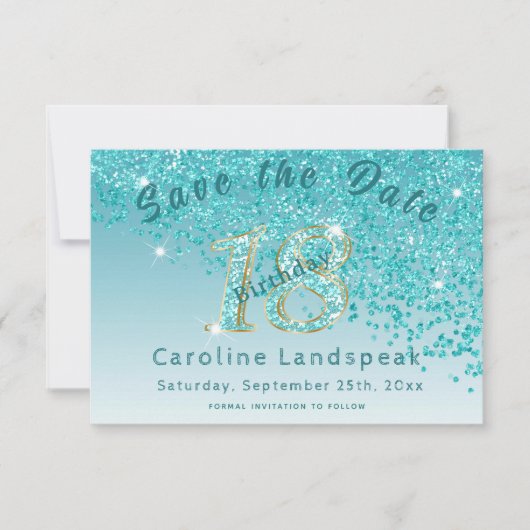 Falling Aquamarin Blue Glitzer für den 18. Geburts Save The Date (Vorderseite)