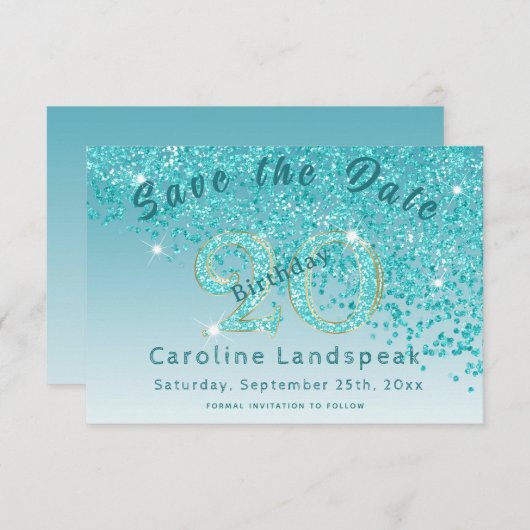Falling Aquamarin Blue Glitzer für den 20. Geburts Save The Date (Vorne/Hinten)