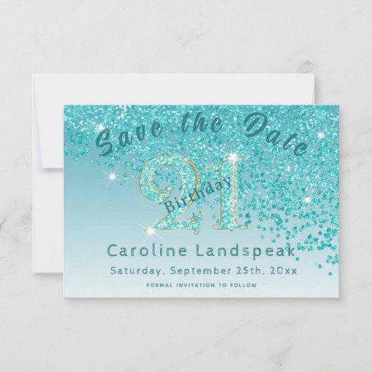 Falling Aquamarin Blue Glitzer für den 21. Geburts Save The Date (Vorderseite)
