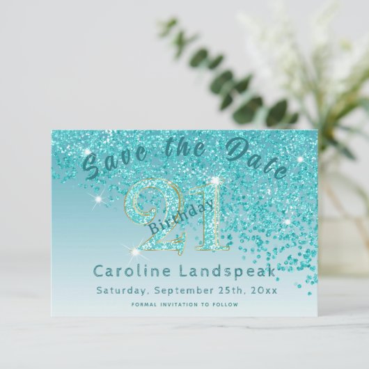 Falling Aquamarin Blue Glitzer für den 21. Geburts Save The Date (Stehend Vorderseite)