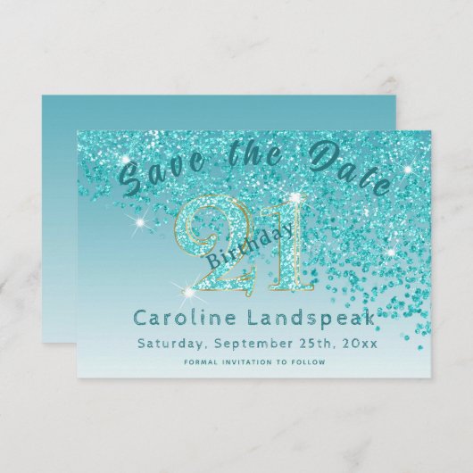 Falling Aquamarin Blue Glitzer für den 21. Geburts Save The Date (Vorne/Hinten)