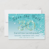 Falling Aquamarin Blue Glitzer für den 30. Geburts Save The Date (Vorderseite)