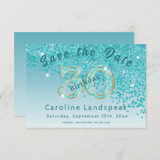 Falling Aquamarin Blue Glitzer für den 30. Geburts Save The Date (Vorne/Hinten)