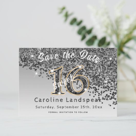 Falling Black Glitzer Sweet 16 Party Save The Date (Stehend Vorderseite)