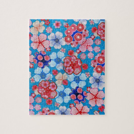 Falling Blue Cascading Floral Chirimen Puzzle (Vertikal)