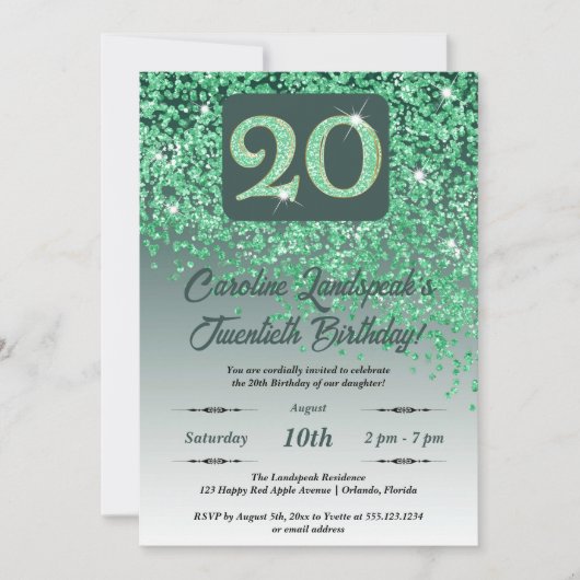 Falling Green Glitzer 20. Geburtstagspartei Einladung (Vorderseite)
