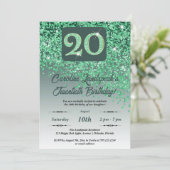 Falling Green Glitzer 20. Geburtstagspartei Einladung (Stehend Vorderseite)