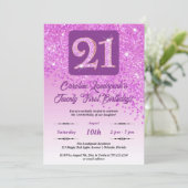 Falling Pink Glitzer 21. Geburtstag Party Einladung (Stehend Vorderseite)