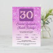 Falling Pink Glitzer 30. Geburtstag Party Einladung (Stehend Vorderseite)
