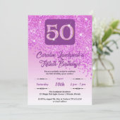 Falling Pink Glitzer 50. Geburtstagsparty Einladung (Stehend Vorderseite)
