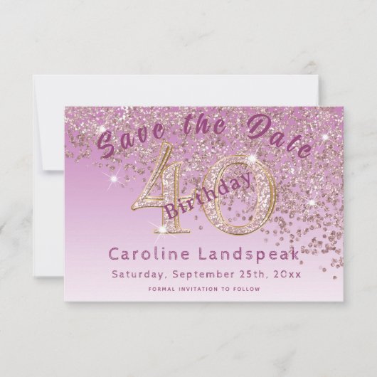 Falling Rose Gold Glitzer für 40. Geburtstag Save The Date (Vorderseite)