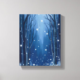 Falling Snow Blau Winterwald Aquarell Gemalt Leinwanddruck