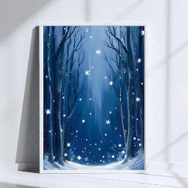Falling Snow Blau Winterwald Aquarell Gemalt Poster