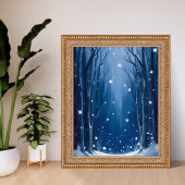 Falling Snow Blau Winterwald Wasserfarbe Gemalt Poster