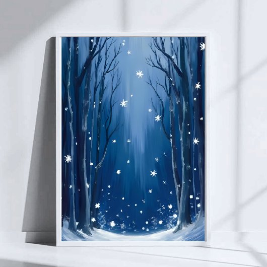 Falling Snow Blau Winterwald Wasserfarbe Gemalt Poster
