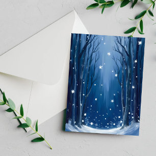 Falling Snow Blaues Winterwald Wasserfarbenkarte