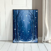 Falling Snow Blue Winter Forest Watercolor Painted Poster