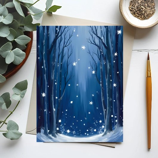 Falling Snow Blue Winter Forest Watercolor Painted Postkarte