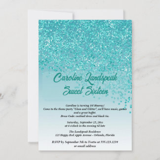 Falling Teal Blau Glitter Sweet Sixteen Einladung