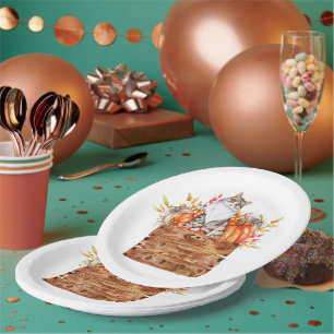 Fallkatze und Kürbis in Kiste Pappteller
