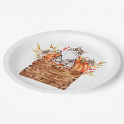 Fallkatze und Kürbis in Kiste Pappteller (Schrägansicht)