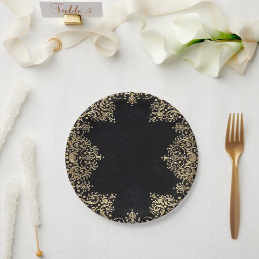 Falln Black and Gold Filigree Pappteller (Hochzeit)