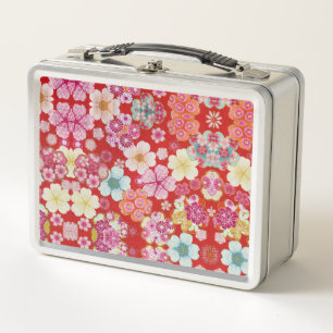 Falln Crimson Floral Chirimen Metall Lunch Box