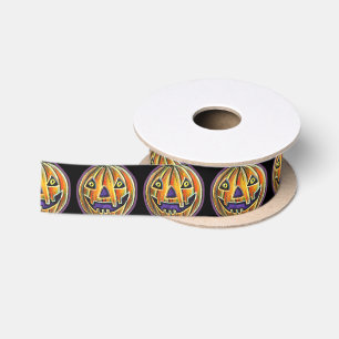 Falln Grinning Pumpkin Vintage Halloween Satinband