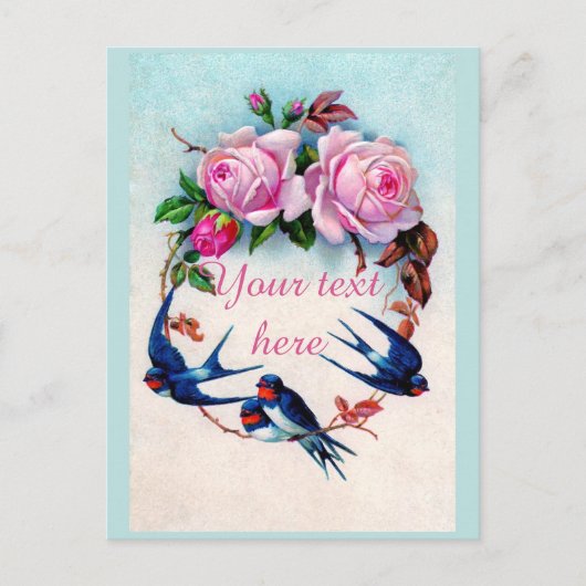 Falln Viktorianische Blaue Vögel und Rose Postkarte (Vorderseite)