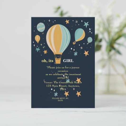 Fallschirmballons Blue Babygirl Dusche Einladung (Stehend Vorderseite)