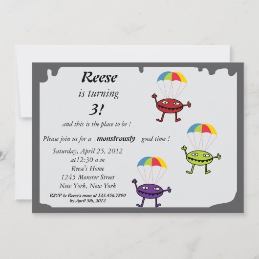 Fallschirmtropfen-Monstergeburtstag invitation-1 Einladung (Vorderseite)