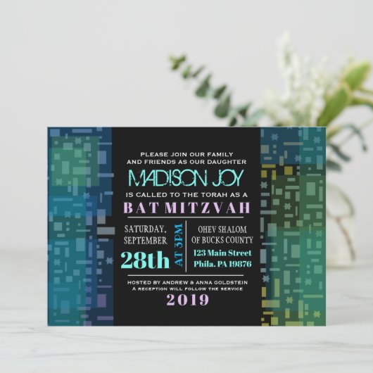 FALLSTARS & SQUARES Bar Bat Mitzvah Einladung (Stehend Vorderseite)