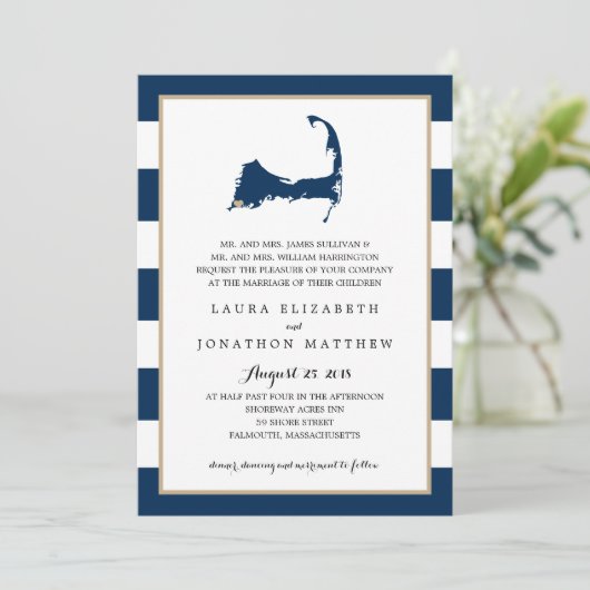 Falmouth Cape Cod Map mit Herz | Hochzeit Einladung (Stehend Vorderseite)