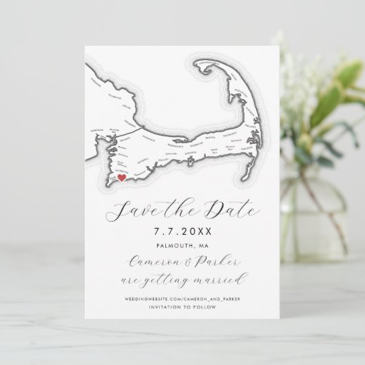 Falmouth MA Cape Cod Map Schwarz-Weiß-Hochzeit Save The Date (Stehend Vorderseite)