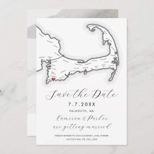 Falmouth MA Cape Cod Map Schwarz-Weiß-Hochzeit Save The Date (Vorne/Hinten)